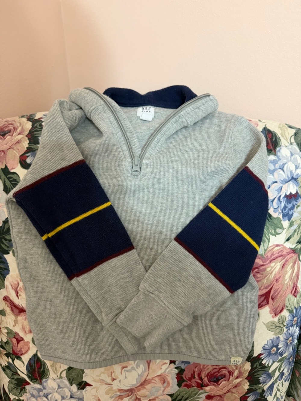 GAP KIDS Light Gray Half-Zip Sweater with Navy Elbow Panels